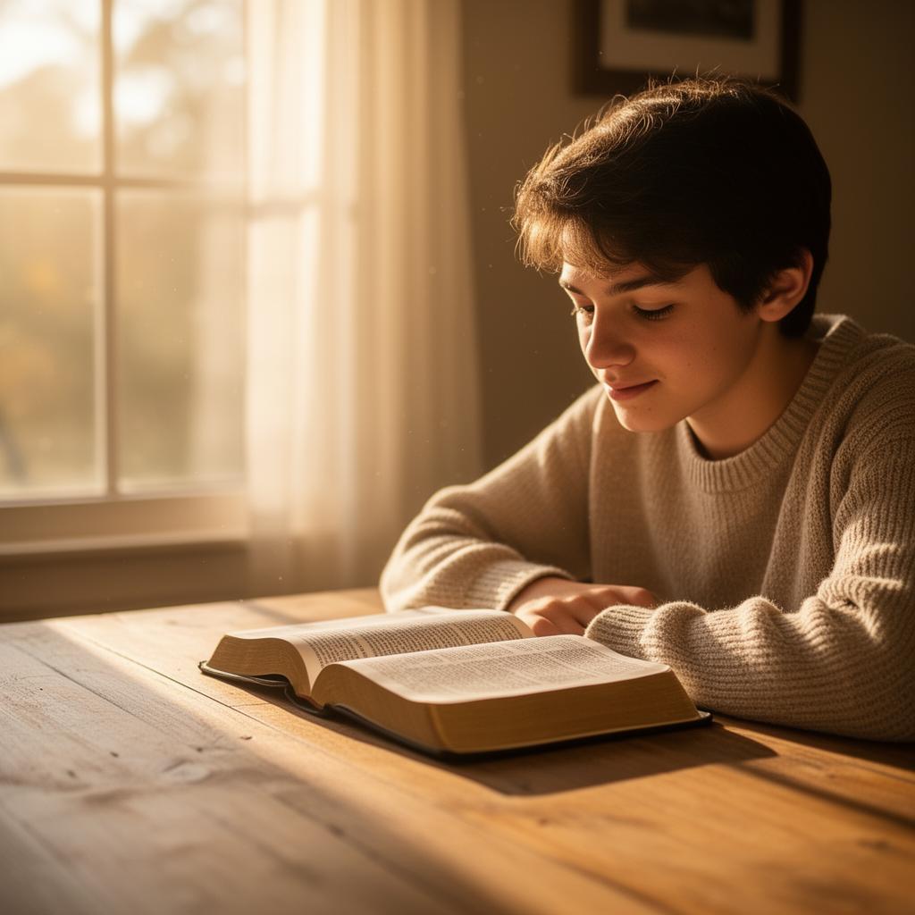 A young person reading an open Bible at a wooden table in warm morning sunlight