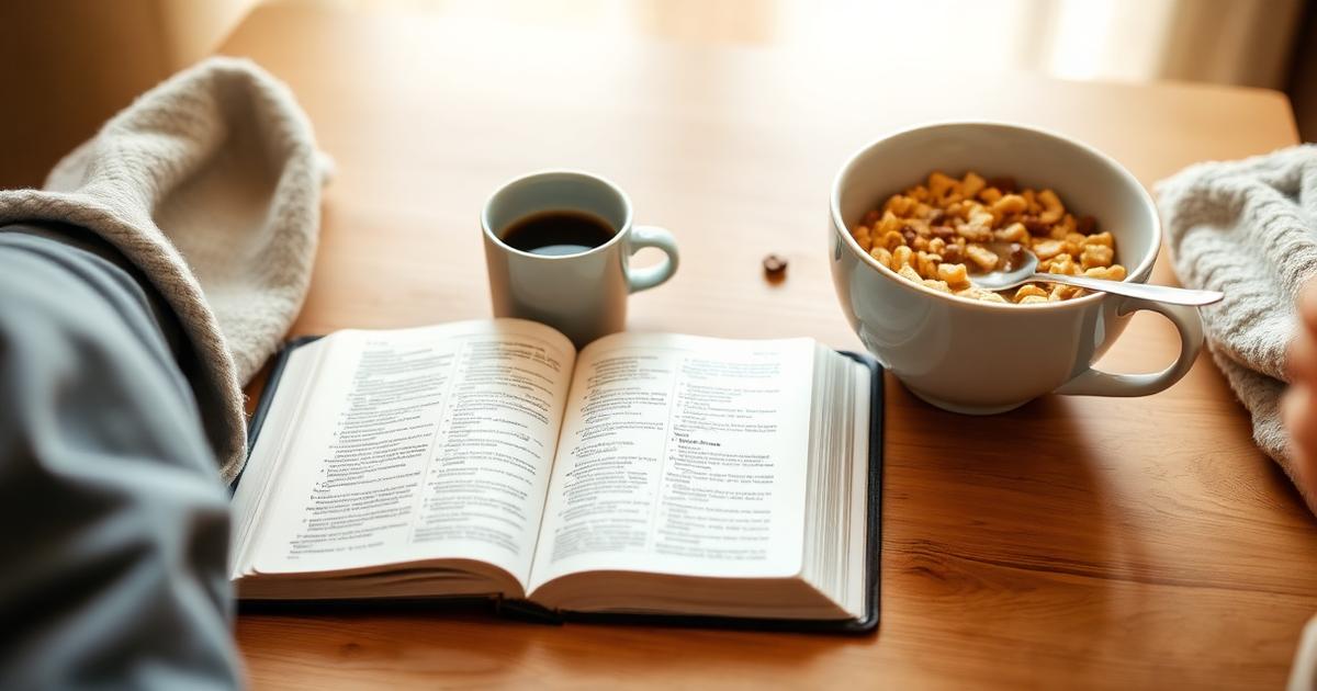 An open Bible next to a coffee mug and bowl of cereal on a sunlit breakfast table