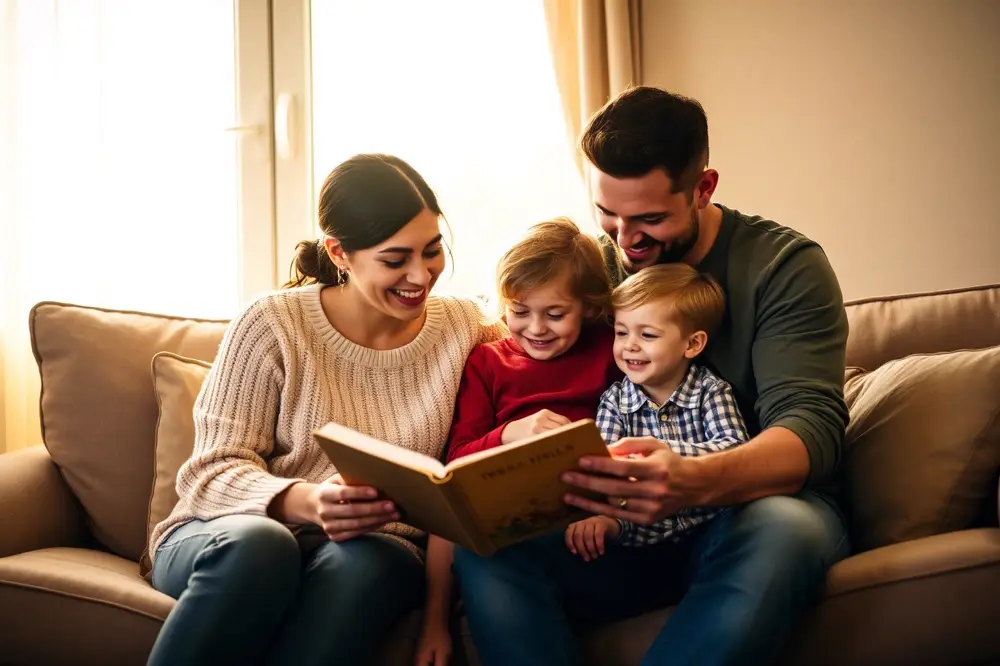 A family reading an open Bible together on the couch