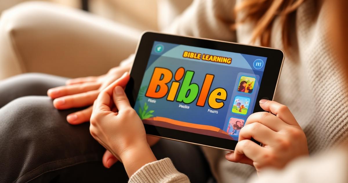 A young learner's hands holding a tablet showing a colorful Bible learning app in a cozy living room