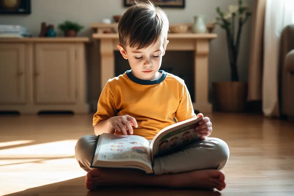 A young boy sitting cross-legged reading an illustrated children's Bible in warm afternoon light